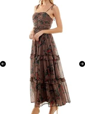 Socialite Shirred Maxi Dress - Brown with Red & Green Floral